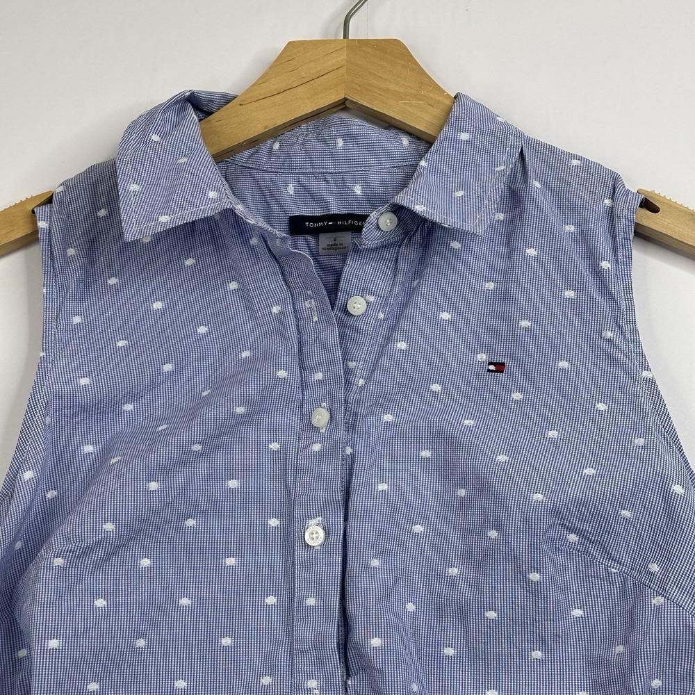 Tommy Hilfiger Dress Size 6 Blue White Polka Dot Cotton Shirt Dress Belted - Picture 4 of 8